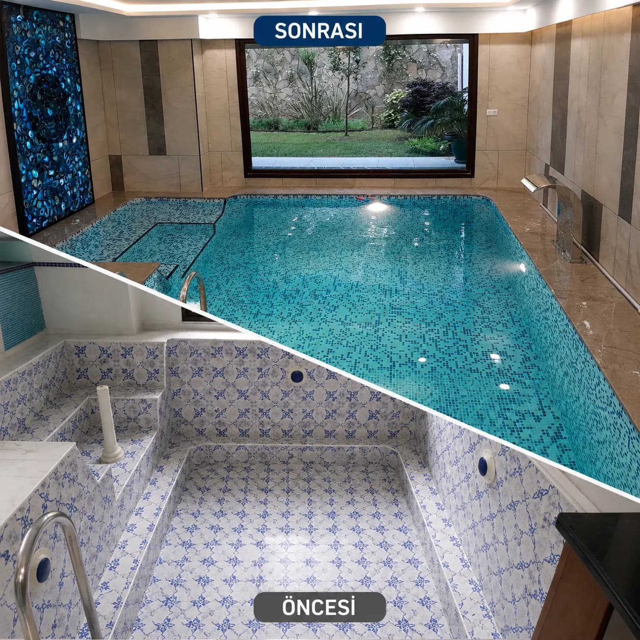 Derz dolgusu ve mozaik yenileme işlemi yapılan havuz yüzeyi