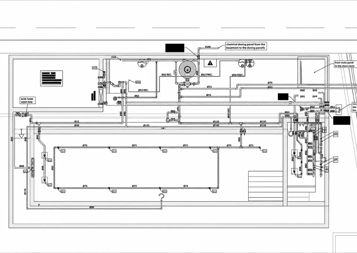 Erbil Irak elektro mekanik havuz tesisat projesi çizimleri